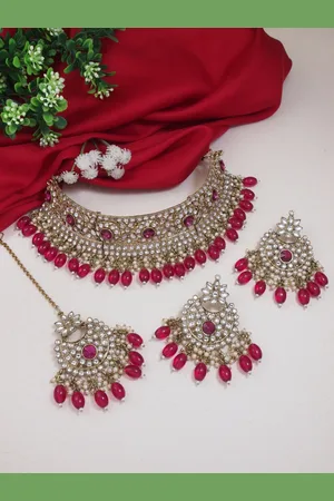 I Jewels Gold-Plated Kundan Pearl Studded Choker Necklace Set With Maang Tika