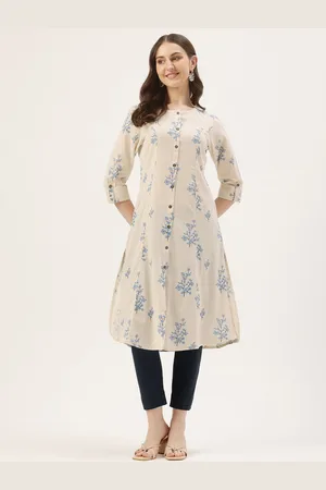 Amukti Floral Printed Roll Up Sleeves Linen Kurta