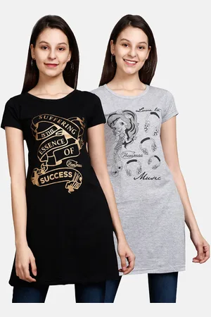 Fleximaa Women Grey Melange & Black Pack of 2 Printed Longline Top