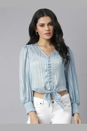 KASSUALLY Women Blue Puff Sleeve Georgette Shirt Style Crop Top