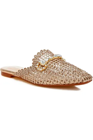 London Rag Women Woven Design Embellished Stone and Beads Slip-On Mules