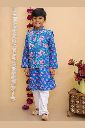 The Mom Store Boys Floral Printed Band Collar Pure Cotton Kurta & Pyjama & Nehru Jacket