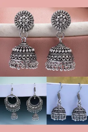NVR Women Set of 3 Silver Plated Oxidised Traditional Jhumka Earrings