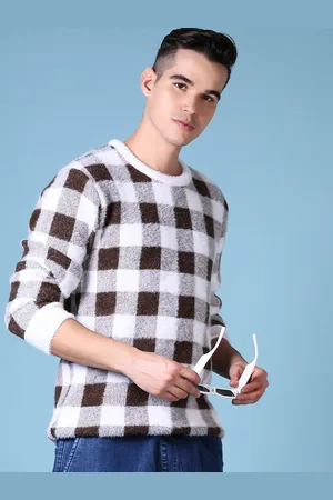 V-Mart Men Checked Round Neck Pullover