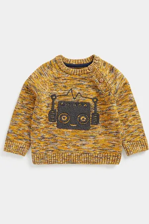 Mothercare Boys Mustard Yellow & Charcoal Grey Applique Pure Cotton Pullover Sweater
