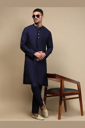 WHITE HEART Band Collar Straight Kurta With Pyjamas