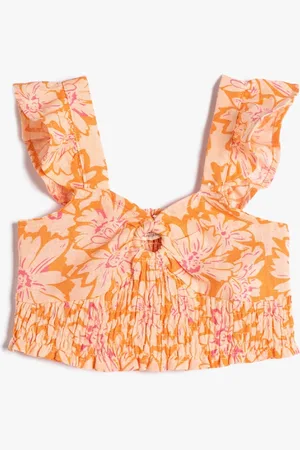 Koton Girls Floral Printed Cap Sleeves Crop Smocked Top