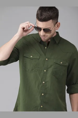 Roadster Men Olive Green Regular Fit Solid Casual Linen Shirt