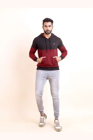 berry blues Colourblocked Cotton Hooded Pullover Sweatshirt