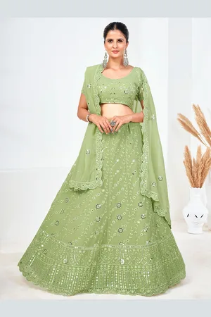 SHOPGARB Green & Silver-Toned Embellished Sequinned Semi-Stitched Lehenga & Unstitched Blouse With Dupatta