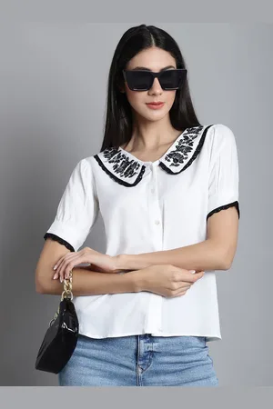 JAINISH Women Floral Embroidered Peter Pan Collar Shirt Style Top
