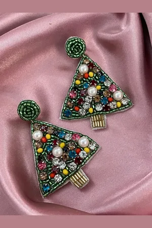 Digital Dress Room Christmas Special Beaded Classic Christmas Tree Design Drop Earrings