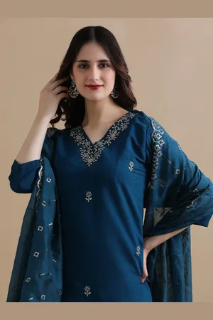 Jaipur Women Ethnic Motifs Embroidered Regular Thread Work Chanderi Cotton Kurta with Trousers & With