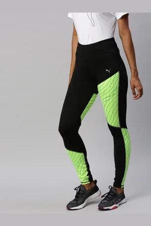 PUMA Women Black & Fluorescent Green Colourblocked Run Graphic Regular Rise Long Tights