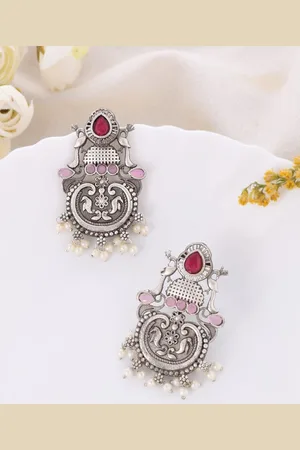 Dastoor Silver-Plated Contemporary Oxidised Drop Earrings