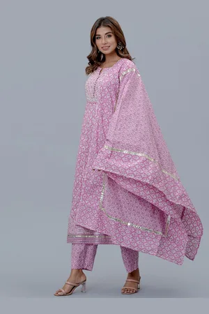 EtnicaWear Women Floral Printed Pleated Pure Cotton Kurta with Pyjamas & Dupatta