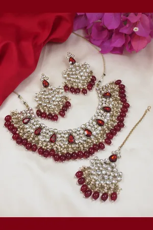 I Jewels Gold-Plated Kundan Pearl Studded Choker Necklace Set With Maang Tika