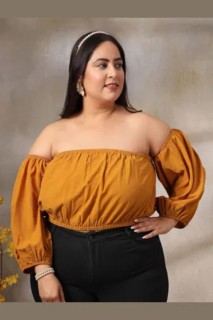 KASSUALLY Women Off-Shoulder Puff Sleeve Plus Size Crop Top