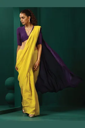 trueBrowns Colourblocked Silk Cotton Ready to Wear Saree