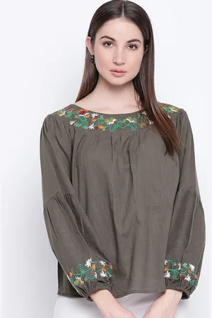 Mayra Women Olive Green Floral Embroidered Pure Cotton Top