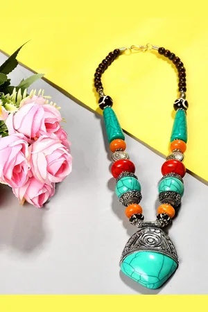 Bamboo Tree Jewels Turquoise Blue & Red Afghan Necklace