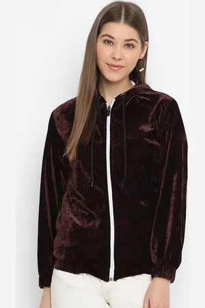 Mayra Women Brown Solid Velvet Bomber Jacket