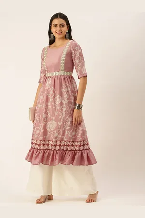 Ethnovog Women Pink White Floral Foil Print Boat Neck Sequins Made To Measure Kurta