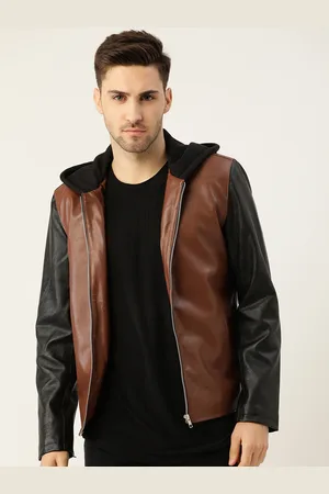 Leather Retail Men Brown & Black Hooded Tailored Jacket