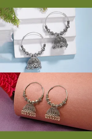 NVR Women Handmade Set of 2 Oxidised Traditional Jhumka Earrings