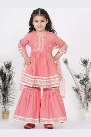 Little Bansi Girls Multicoloured Floral Embroidered Pure Cotton Kurti with Sharara & With Dupatta