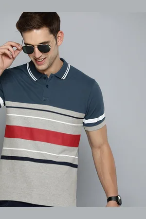 HERE&NOW Men Striped Polo Collar Pure Cotton T-shirt