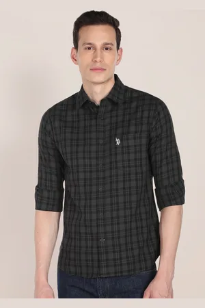 U.S. Polo Assn. U S Polo Assn Men Charcoal Black And Grey Tailored Fit Checked Pure Cotton Casual Shirt
