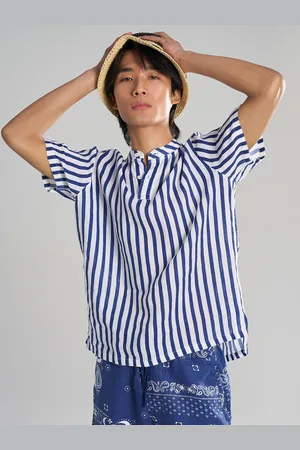Terra Luna Men Striped Mandarin Collar Cotton T-shirt