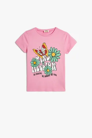 Koton Girls Printed Round Neck Cotton Applique T-shirt
