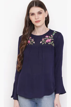 Mayra Women Navy Blue Solid A-Line Top