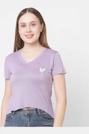 MISH Women Lavender V-Neck Embellished T-shirt