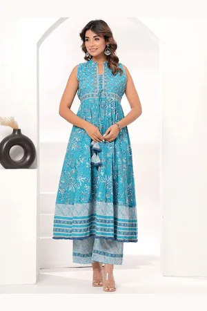 EtnicaWear Women Floral Printed Angrakha Zardozi Pure Cotton Kurta with Trousers
