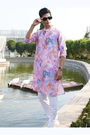 SHIWAM ETHNIX Mandarin Collar Floral Printed Cotton Kurta with Pyjamas