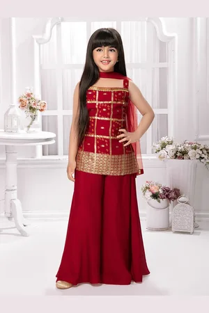 Tiny Kingdom Girls Geometric Woven Design Shoulder Straps Kurti With Palazzo And Dupatta