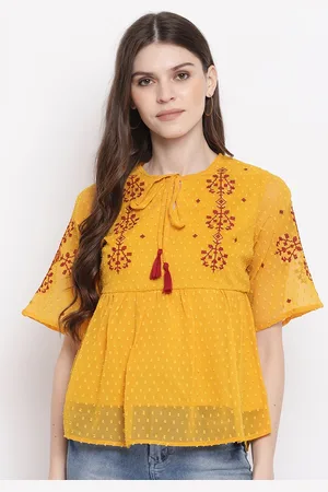 Mayra Women Yellow Self Design A-Line Top