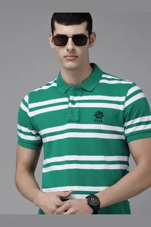 U.S. Polo Assn. U S Polo Assn Men Green & White Striped Polo Collar Pure Cotton Slim Fit T-shirt