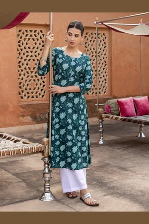 FIORRA Floral Printed Round Neck Three-Quarter Sleeves Cotton A-Line Kurta