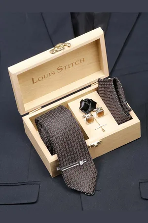 LOUIS STITCH Men Chocolate Brown Italian Silk Necktie Accessory Gift Set