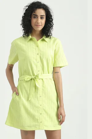 Benetton Spread Collar Belted Self Design Shirt Dress