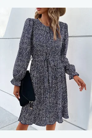 HERE&NOW Women Abstract Printed Round Neck Puff Sleeves Fit and Flare Dress