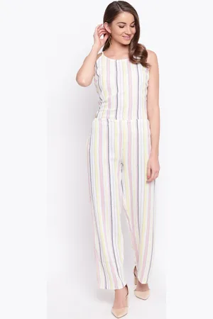 Mayra Women White & Yellow Striped Basic Jumpsuit