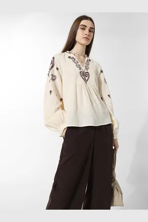 ONLY Onltanny Ethnic Motifs Embroidered Mandarin Collar Cuffed Sleeves Pure Cotton Top