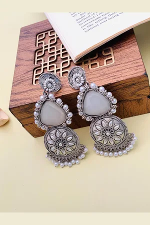 ABDESIGNS Elegant German Silver Triangular Silver Plated Artificial Stones Drop Earrings