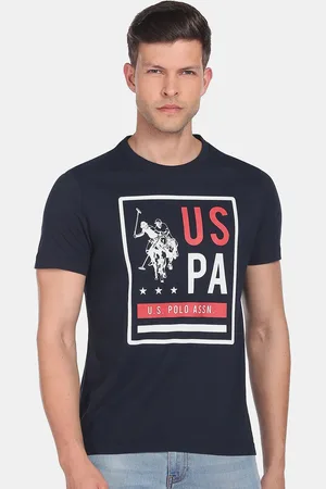 U.S. Polo Assn. Men Blue Typography Printed Slim Fit Pure Cotton T-shirt