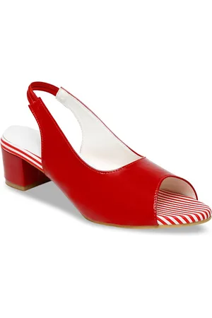 Misto Women Red Striped PU Peep Toes Block Heels